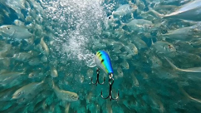 Underwater fishing lure attracts school of baitfish in clear ocean water
