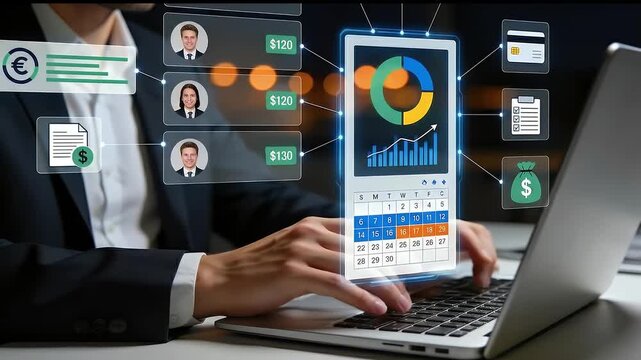 AI payroll system interface showing employee salary data, budgeting graphs, and monthly calendar used on laptop for digital finance management and automated compensation planning in business setup
