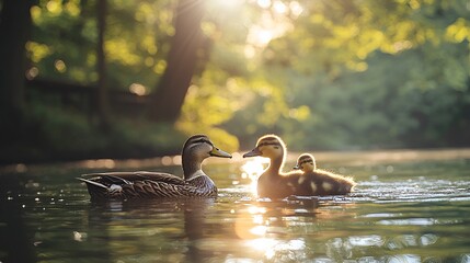 Duck family swimming in sunlit pond.