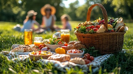Family picnic basket with food on grass.