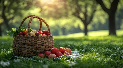 Summer picnic basket with fresh fruit in orchard.
