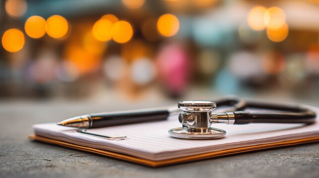 Stethoscope rests on notepad in a clinical space with soft lighting and a focus on medical practice