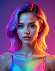 Obraz premium Captivating portrait of a young woman with vibrant, neon-lit hair and a serene expression, bathed in a spectrum of colorful light.