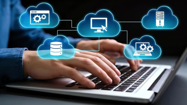 Multi cloud computing. Connecting to cloud service servers. Businessman using laptop computer with SaaS application.
