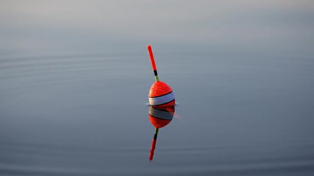 Fishing float bobber on calm water surface ripples, outdoor hobby, peaceful moment