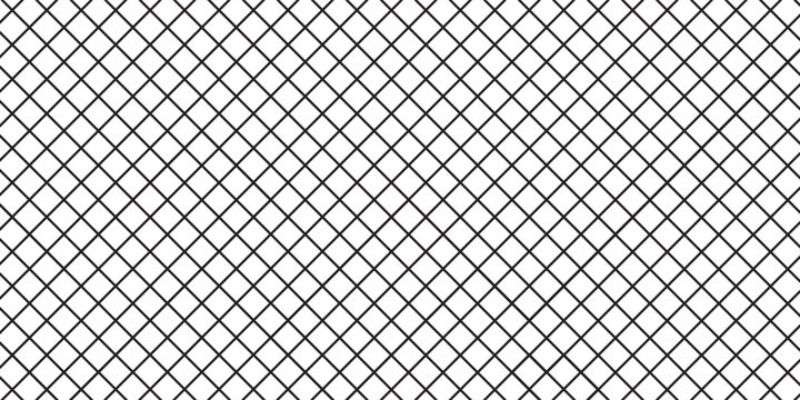 Diagonal cross line grid seamless pattern. Geometric diamond texture. Black diagonal line mesh on white background. Minimal quilted fabric. Metallic wires fence pattern. Modern Vector