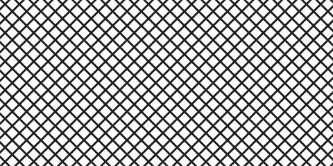 Diagonal cross line grid seamless pattern. Geometric diamond texture. Black diagonal line mesh on white background. Minimal quilted fabric. Metallic wires fence pattern. Modern Vector