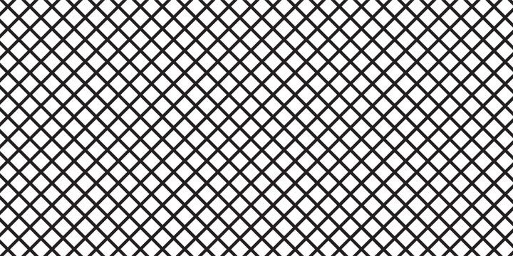Diagonal cross line grid seamless pattern. Geometric diamond texture. Black diagonal line mesh on white background. Minimal quilted fabric. Metallic wires fence pattern. Modern Vector