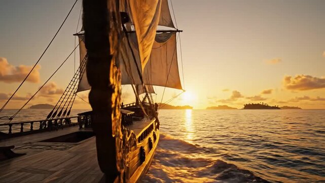 A weathered sailing ship glides through golden sunset light on a vast ocean with billowing sails