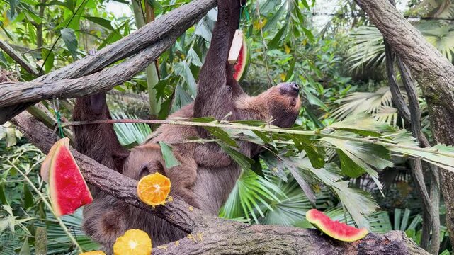 Mother Sloth and Baby Eating Watermelon While Hanging in Tropical Rainforest