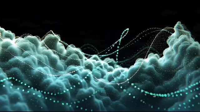 Abstract digital wave pattern with glowing blue particles on black background.