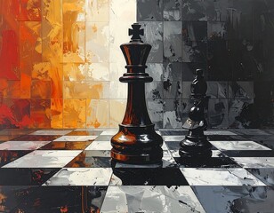 A striking abstract painting showing two chess pieces, a King & Bishop, on a reflective board against contrasting backgrounds