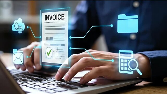 Electronic invoice system. Automated electronic invoice management and tax compliance. Businessman using laptop computer to manage e-invoices.
