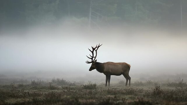 Majestic Elk Standing Proudly in a Fog Shrouded Field near Forest with Antlers in Soft Morning Light