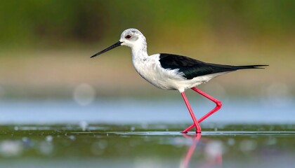 A striking bird, characterized by a sleek black and white body, elegant silhouette, and strikingly long, bright pink legs, wades in shallow water