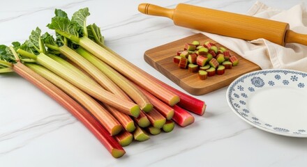 Vibrant fresh rhubarb stalks and cut pieces on a wooden cutting board with a rolling pin, ready for culinary preparation