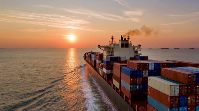 A large cargo container ship travels across a calm ocean toward the horizon during a vibrant golden sunset with a radiant sun reflecting on the water