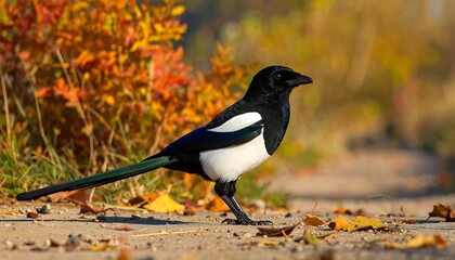 A striking black and white bird with a long tail stands on a path, vibrant autumn foliage forming a colorful backdrop
