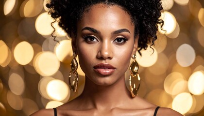 A striking close-up features a woman with glowing skin, curly hair, and large, golden earrings, framed against a bokeh background