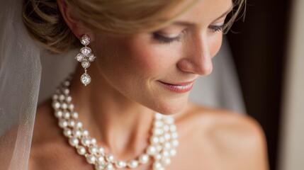 Bride shows elegant jewelry with pearl necklace and earrings in soft light during wedding preparations