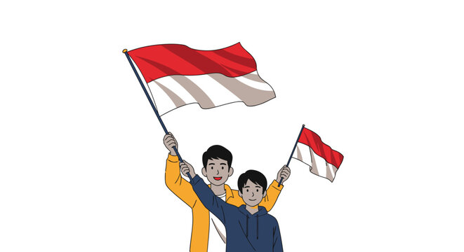 Happy Indonesian young men holding national flag (Merah Putih). Patriotism and national unity vector illustration on white background.