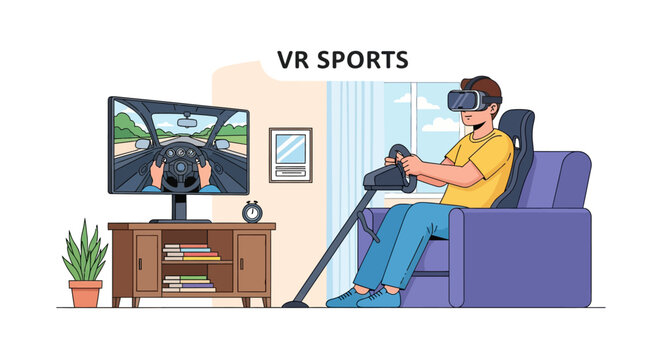 VR Sim Racing: Gamer with Virtual Reality Headset Plays Car Driving Simulation Game Using Steering Wheel Controller