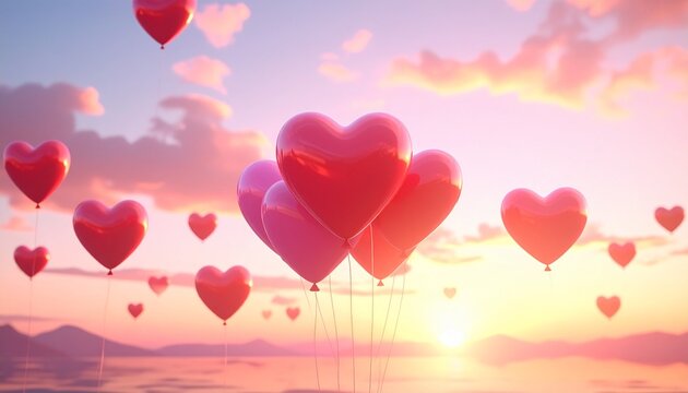 The picture shows many heart balloons. Flying in the sky. The background shows the sky, with golden clouds. It gives a romantic and warm impression.