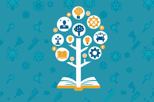 A colorful tree of knowledge grows from an open book