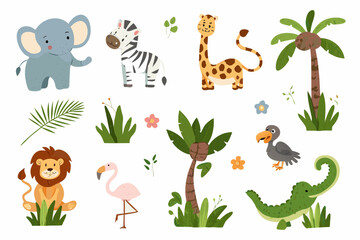 Obraz premium Cute cartoon safari animals and tropical plants illustration