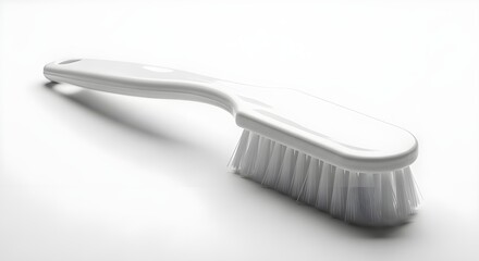 A close-up view of a white plastic toothbrush with bristles resting on a flat surface.
