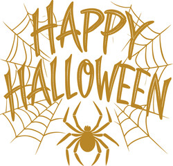 Happy Halloween Lettering with Spider and Web Illustration Isolated on White Background