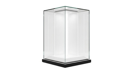 Elegant minimalist white glass display case featuring internal illumination and sleek black base stand isolated against a clean white backdrop for product presentation and gallery exhibition