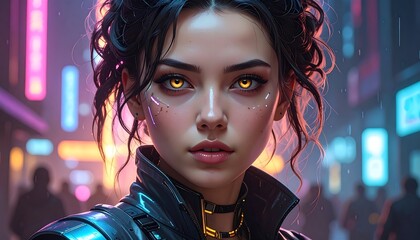 A striking portrait of a young woman with mesmerizing yellow eyes set against a blurred neon-lit urban backdrop