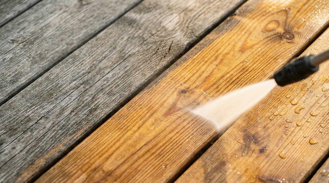 Powerful pressure washing revitalizes a weathered wooden deck, clearly showing the stark difference between dirty and clean planks.