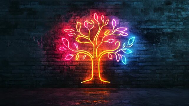 Glowing neon tree sign on brick wall