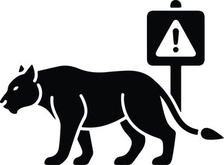 Obraz premium Black panther silhouette walking past warning sign isolated on transparent background