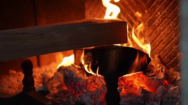 Hands place a log onto glowing embers in a cozy fireplace as flames rise and sparks drift&mdash;warm winter atmosphere and home heating, slow motion b-roll.