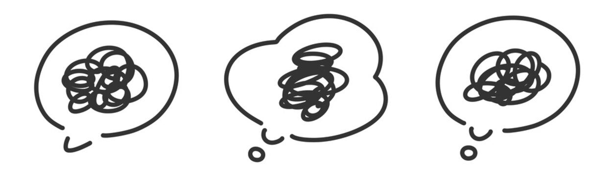 吹き出しの中にもやもや・ぐるぐるを描いた手書き線画イラスト