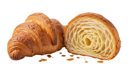 Fototapeta premium Freshly baked croissant with flaky layers and crumbly texture on white background isolated on white background