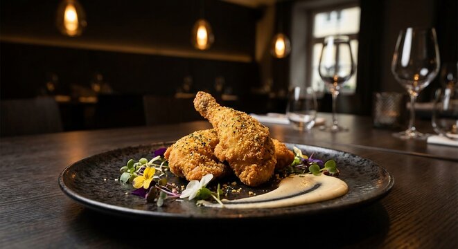 Austrian Backhendl Crispy Fried Chicken Served in Elegant Fine Dining Restaurant.