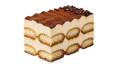 Fototapeta premium Delicious layered tiramisu dessert with chocolate topping and creamy filling isolated on white background