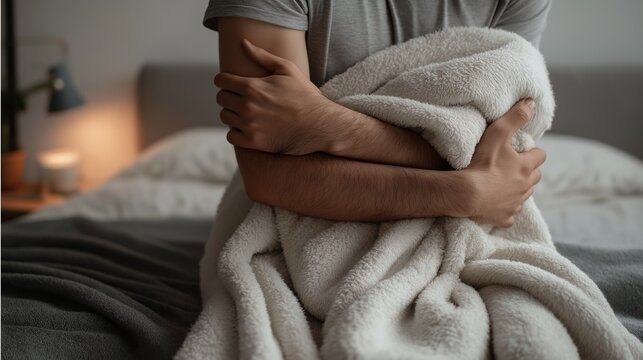 A man is cold and wraps himself in a soft blanket, the theme of comfort and relaxation, insufficient heating in a modern urban environment concept