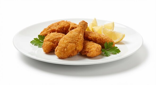 Traditional Austrian Backhendl Crispy Fried Chicken Isolated on White Background.