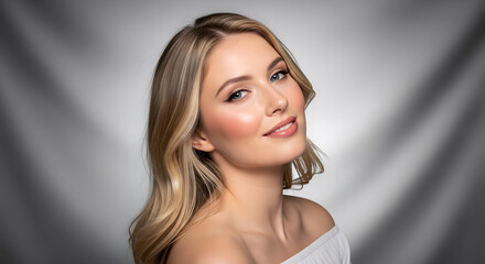 Fototapeta premium A professional close up studio portrait of a beautiful blonde woman with elegant makeup posing against a grey background