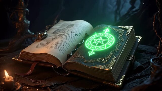 Ancient book with glowing symbol and candle