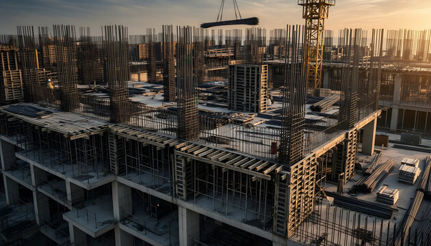 Large scale construction site showing reinforced concrete pillars and steel bars for building foundation under a sunset sky