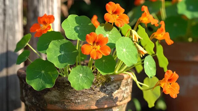 Vibrant orange nasturtium flowers blooming in a rustic terracotta pot outdoors, showcasing natural beauty.