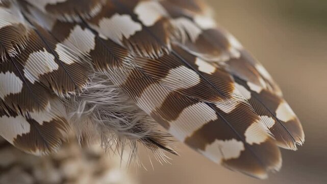 Close-up of detailed brown and white bird feathers with intricate patterning.