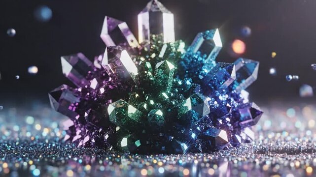 A cluster of colorful crystals and sparkling gems on a dark reflective surface with bokeh lights