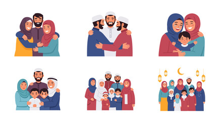Eid Mubarak Family Hug Illustration Vector, Muslim Community Togetherness, Islamic Celebration Greeting Graphic, Happy Eid Al Fitr Flat Design, Forgiveness and Unity Concept